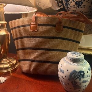 Ratan and blue stripped bag/tote, fully lined with pocket